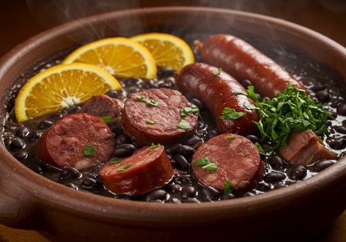A bowl of beans, sausage and black beans with an orange slice photo