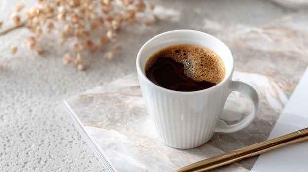 Coffee and pen on a marble table photo