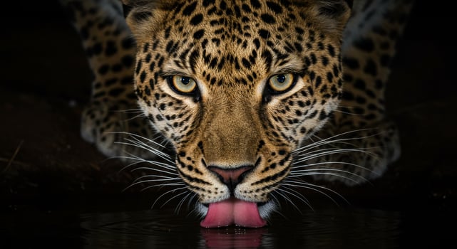 A leopard drinking water from a pond photo