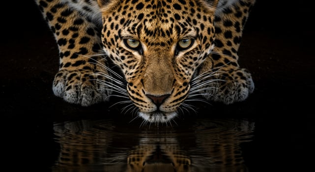 A leopard is drinking water from a puddle photo