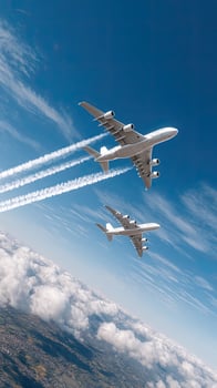 Two large airplanes flying in the sky photo