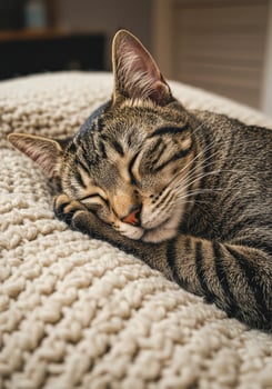 A cat sleeping on a bed with its eyes closed photo