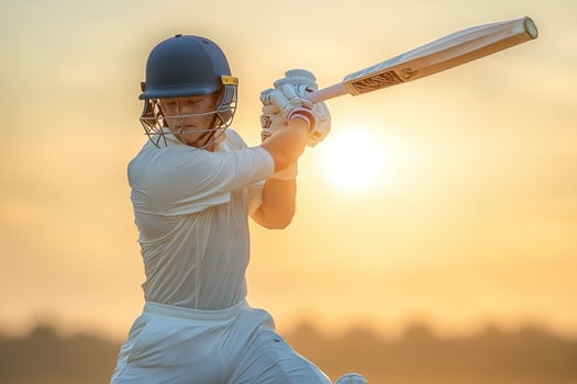 A focused cricketer in action during a golden sunset. photo