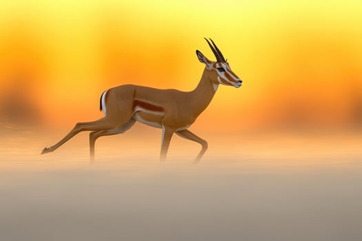 A graceful gazelle running across a hazy landscape at sunrise. photo