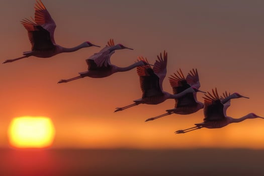 Silhouette of cranes in flight during sunset. photo