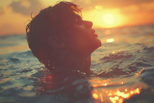 Silhouette of a person enjoying a golden sunset over water. photo