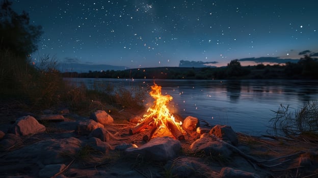 Camping scene with bonfire burning on river bank, clear starry sky, beautiful scenic view of the milky way, rolling fog, Nightscape photo