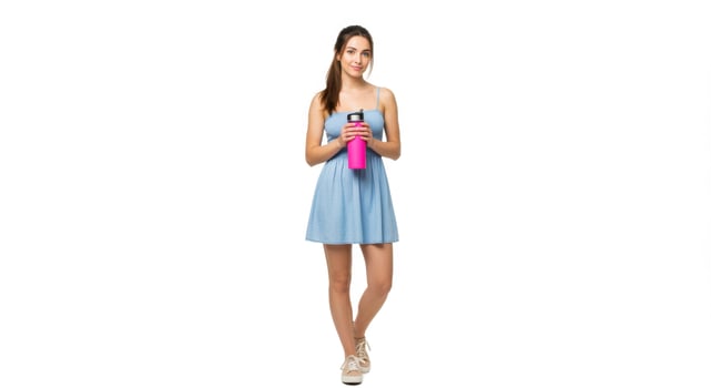 Young Woman in Light Blue Dress Holding Pink Water Bottle Against White Background photo