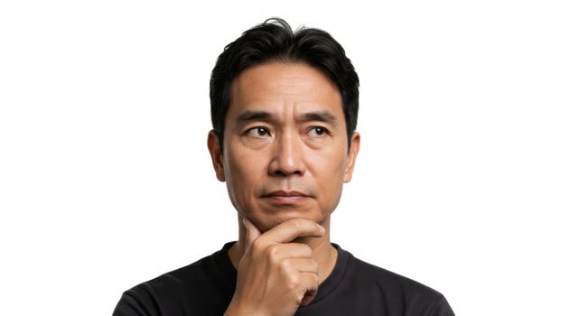 Thoughtful Asian Man in Black Shirt Looking Away in Deep Contemplation photo
