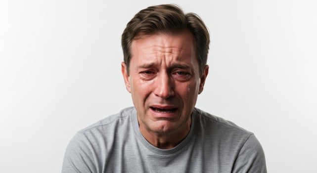 Crying Middle-Aged Man with Tears Running Down Face in Grey T-Shirt on White Background photo