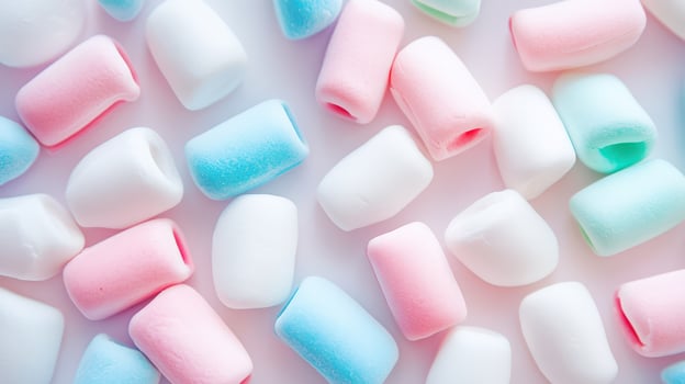 Colorful marshmallows spread on a white surface photo