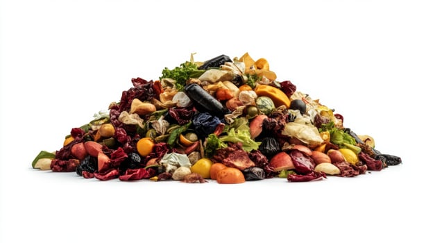 A vibrant mix of organic waste and food scraps on a white background highlights the need for better waste management photo