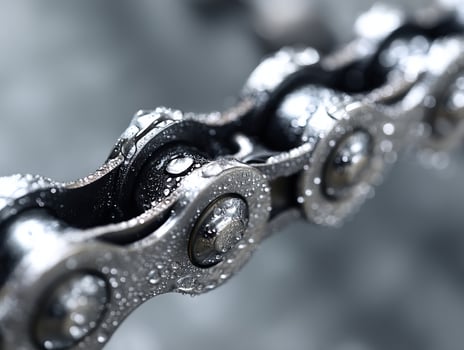 Close-up of a metallic chain with water droplets on its surface, showcasing details of the links. The focus is on the shiny texture and the wet appearance, enhancing the intricate design photo