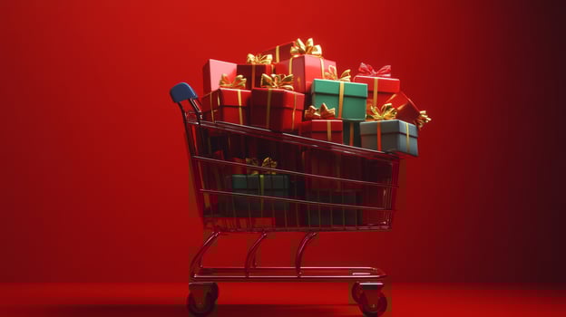 Overflowing shopping cart filled with festive gift boxes against a vibrant red backdrop for holiday shopping photo