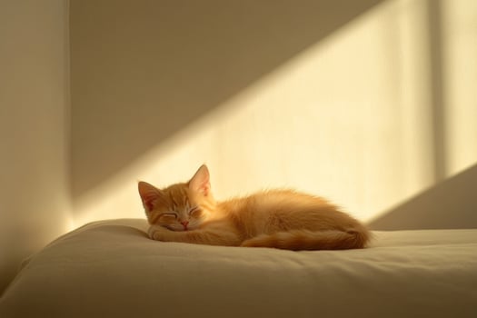 A ginger kitten peacefully napping on a soft bed in a bright room illuminated by soft daylight photo