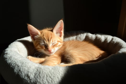 A ginger kitten peacefully napping on a soft bed in a bright room filled with gentle daylight photo
