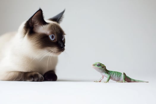 A Siamese cat curiously interacts with a small green gecko on a softly lit white background in a minimalist setting photo