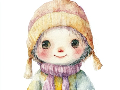 Watercolor illustration of a soft doll dressed in pastel-colored clothing with a friendly expression against a white background photo