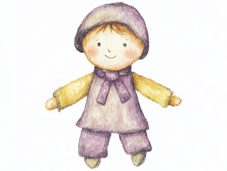 A charming watercolor illustration of a pastel-colored soft doll with a friendly expression against a clean white background photo