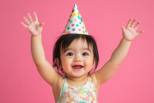 Happy baby girl celebrating in a romper with a party hat against a bright pink background photo