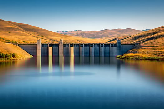 Tranquil Landscape of a Modern Dam Reflecting in a Clear Reservoir Surrounded by Rolling Hills Under a Blue Sky on a Sunny Day photo