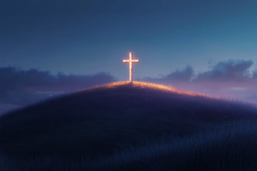 Solitary cross glows gently on hilltop at dusk, illuminating tranquil landscape in warm light photo
