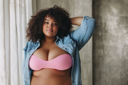 Plus size woman in pink underwear and denim shirt poses confidently indoors by natural light photo