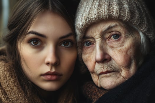 Captivating portrait of a young woman and elderly woman showing the beauty of different generations in a warm embrace photo