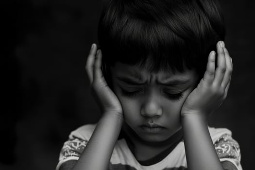 Sad child covering his ears in distress, expressing emotions in a dark environment photo