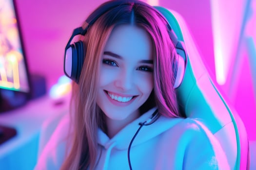 Smiling gamer girl engaged in gaming with headphones in a vibrant neon-lit room photo