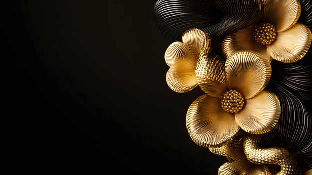 Elegant Golden Flowers with Curved Petals and Flowing Black Texture on a Dark Background, Ideal for Sophisticated Design Projects and Artistic Presentations photo