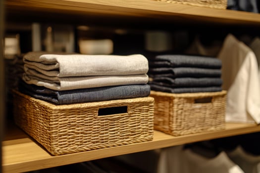 Organized home closet with modern clothes storage and neatly folded items in rattan boxes photo