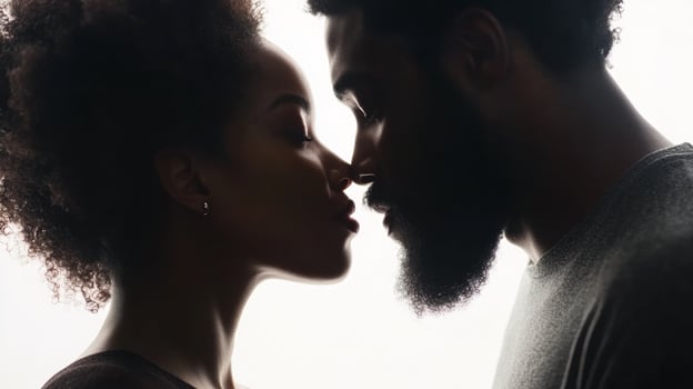 A loving black couple sharing a kiss and gazing into each other's eyes against a white backdrop, embodying true romance and connection photo