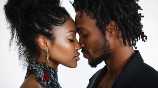 A beautiful black couple embracing in a tender kiss, sharing intimate moments and gazing into each other's eyes against a white background photo