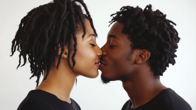 A loving black couple shares a tender kiss, showcasing their deep romantic connection against a simple white background photo
