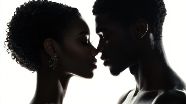 Beautiful black couple sharing a romantic kiss in an intimate moment against a white background photo