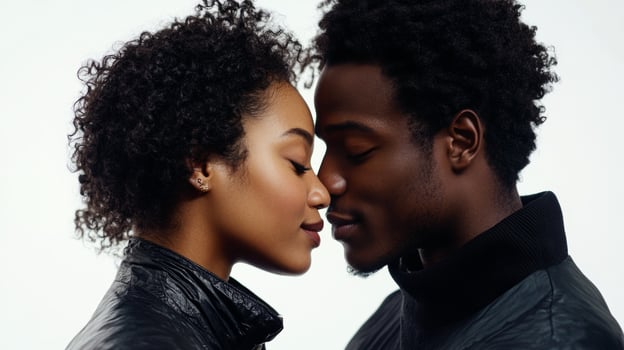 Romantic black couple sharing an intimate kiss and gazing into each other's eyes against a white background photo