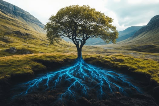 A solitary tree with vibrant blue electric roots in a mountainous landscape at dawn, illustrating the connection between nature and energy photo