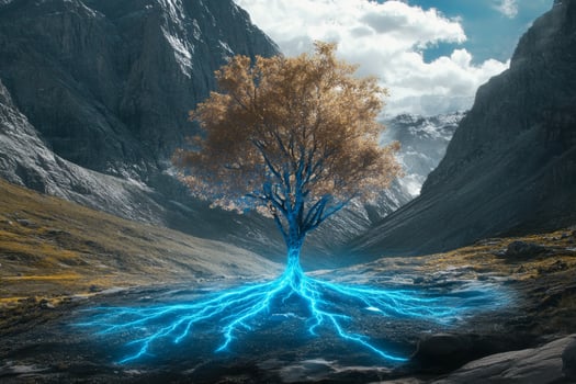 A solitary tree with electric blue roots in a serene mountainous landscape on a bright day photo