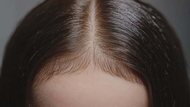 Visualization of hair regrowth progress before and after alopecia treatment in a close-up scalp view photo
