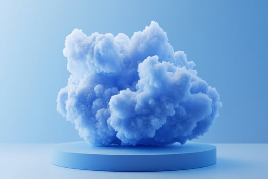 A soft, lovely blue cloud floats serenely on a circular platform against a gentle blue background in a tranquil atmosphere photo