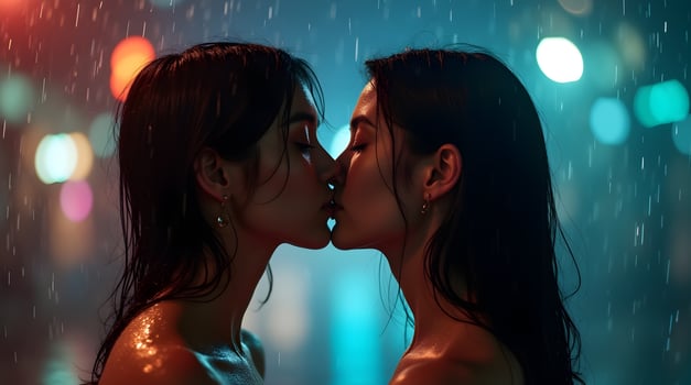 Two women kissing in the rain with lights in the background photo