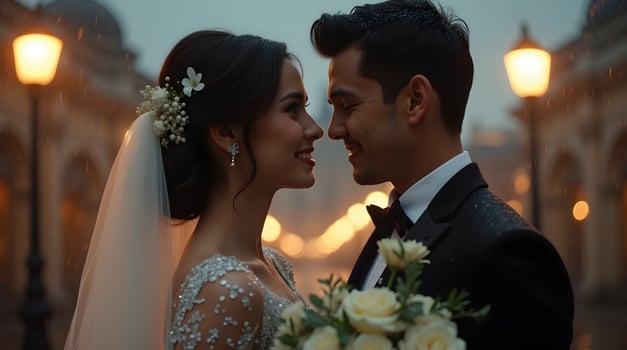 A newly married couple in a romantic setting photo