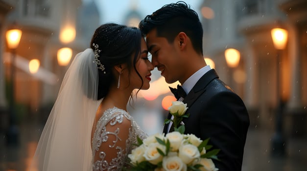 A newly married couple in the rain photo