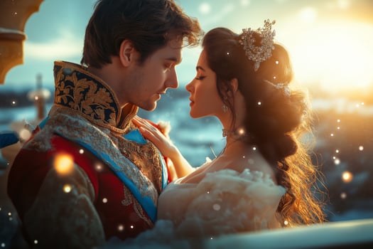 A fairytale couple shares a magical moment gazing at each other on a balcony during sunset photo
