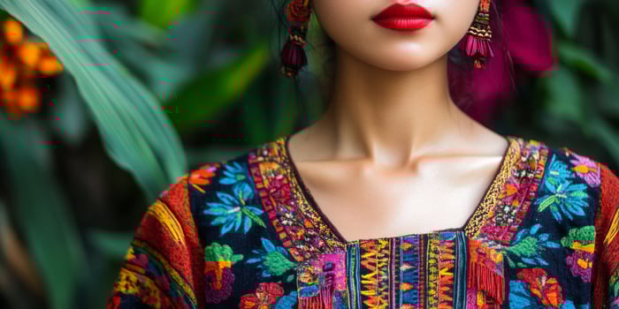 A Korean woman showcases a vibrant huipil tunic, blending traditional Mexican and Guatemalan textile art amid lush greenery photo
