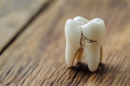 A broken tooth with visible decay requiring treatment on a wooden surface, highlighting dental health concerns photo