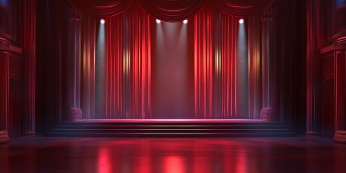 An empty theater stage adorned with red curtains and dramatic lighting sets the scene for an upcoming performance at night photo