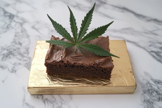 Indulgent chocolate brownie topped with fresh hemp cannabis leaves on a marble countertop photo