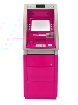 Pink ATM, blank white screen for text entry, on white background. photo